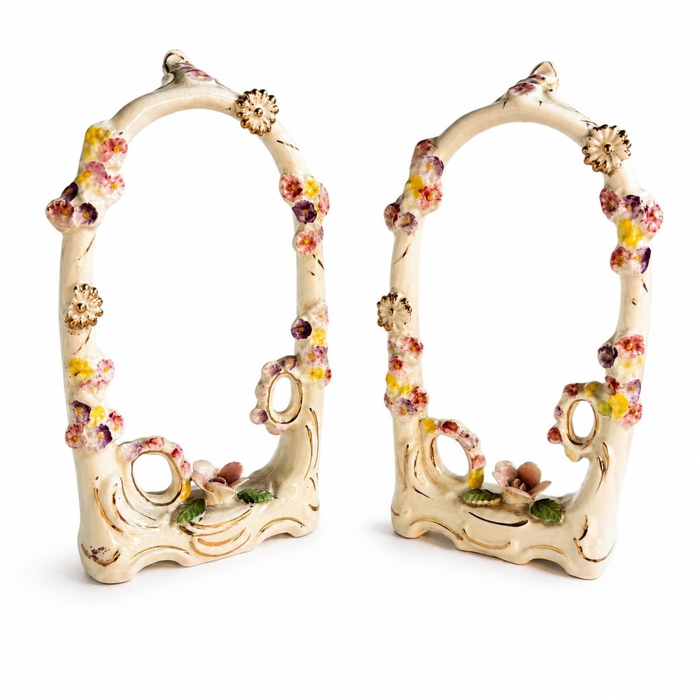 VTG UCAGCO Japan Floral Trellis Ceramic Display Stands Pair Cottagecore Decor 7"